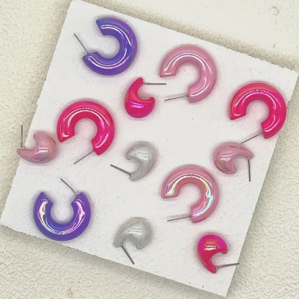 #11 6prs Colorful Macaron Earrings Chic C-Shape & Teardrops Stainless Steel Post - Picture 5 of 5